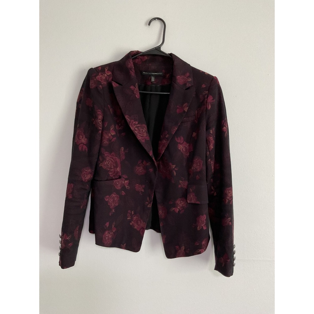 White House Black Market Floral Blazer Burgundy Rose Jacquard Jacket 2 - Picture 2 of 9